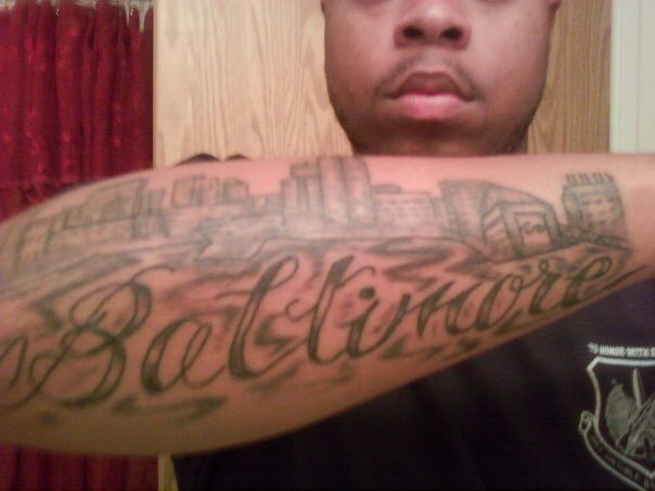 Baltimore Skyline forearm tattoo