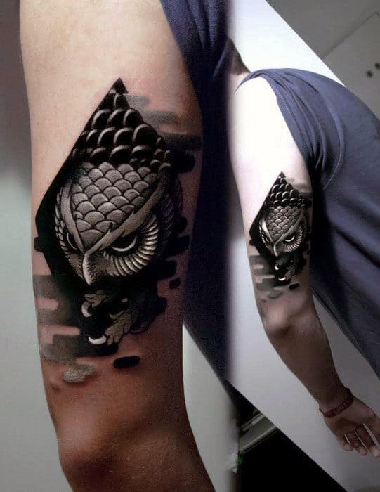 3D Owl Back Of Arm Tattoo