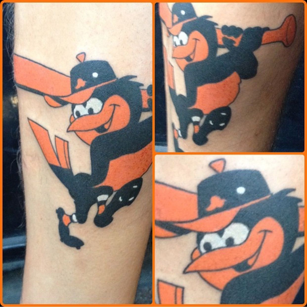 Baltimore Orioles baseball logo tattoo on male's lower leg