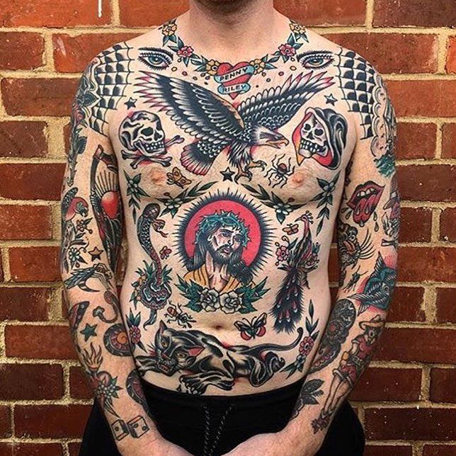 Traditional chest tattoo by Josh Sutterby