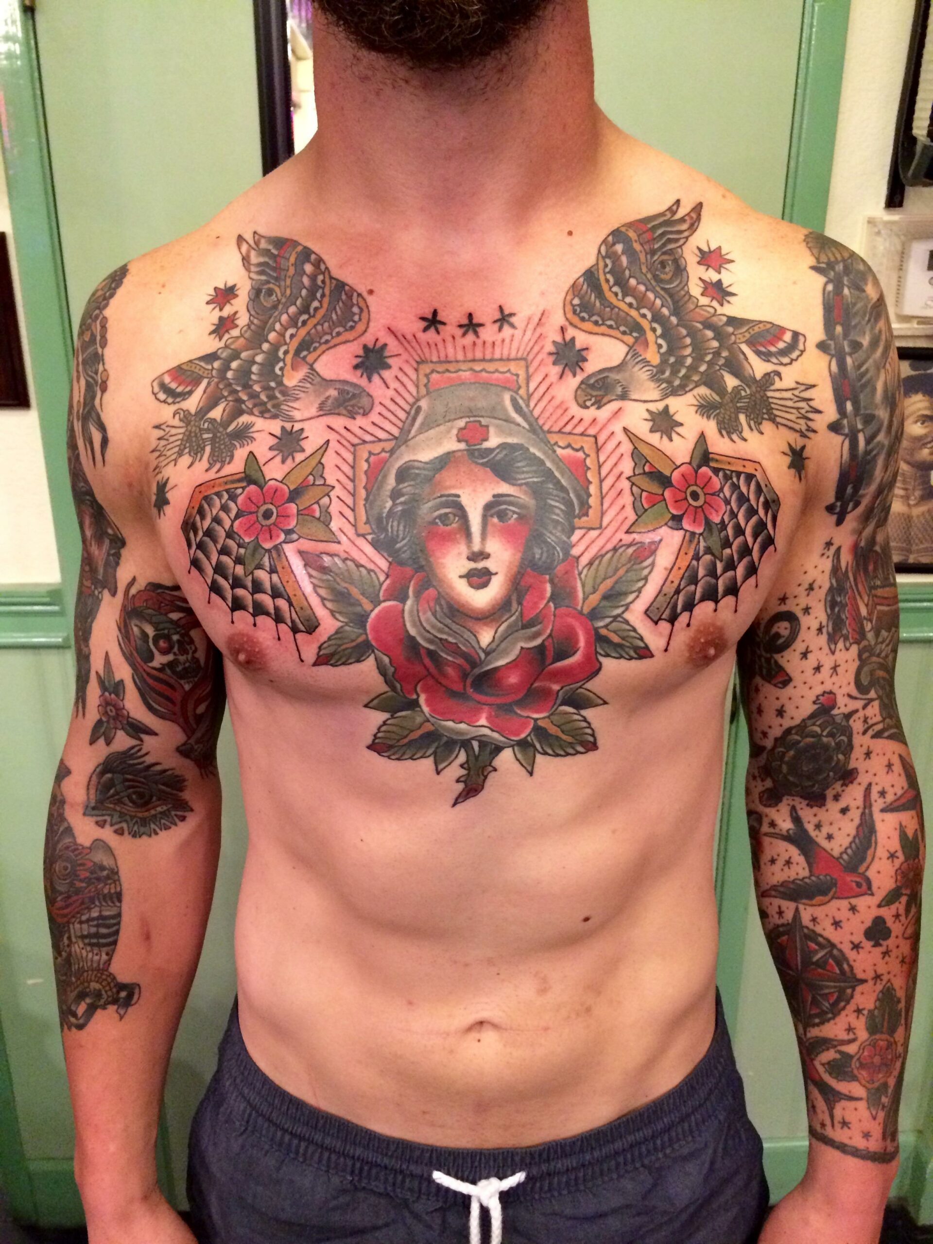 Traditional chest piece by Aaron Hodges