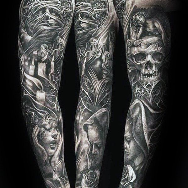 Abstract art sleeve tattoo displaying vibrant colors and shapes
