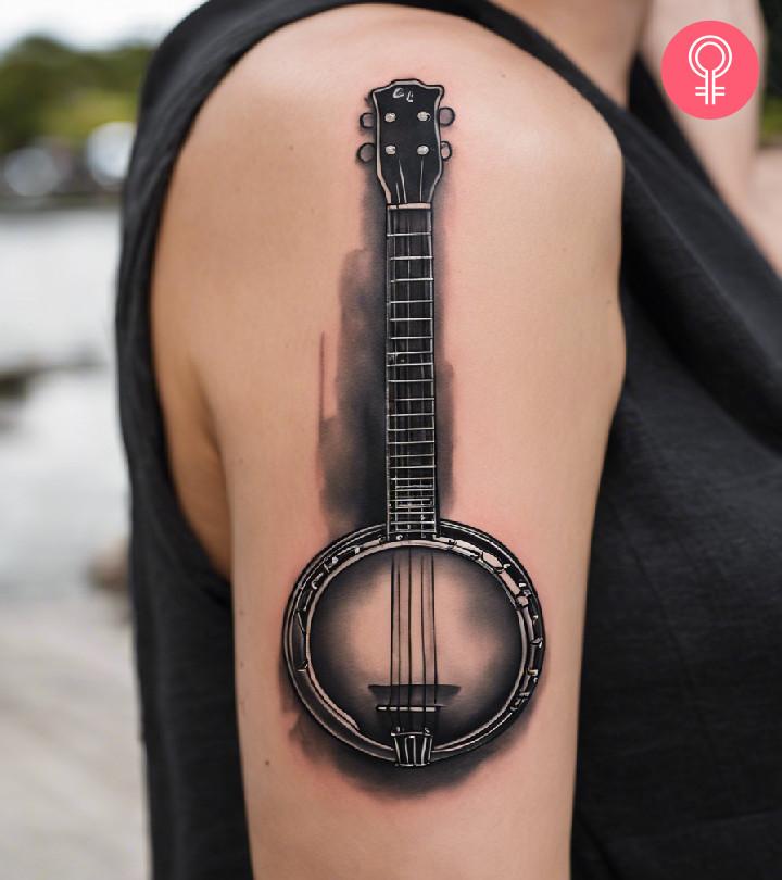 Black and Gray Shaded Banjo Tattoo