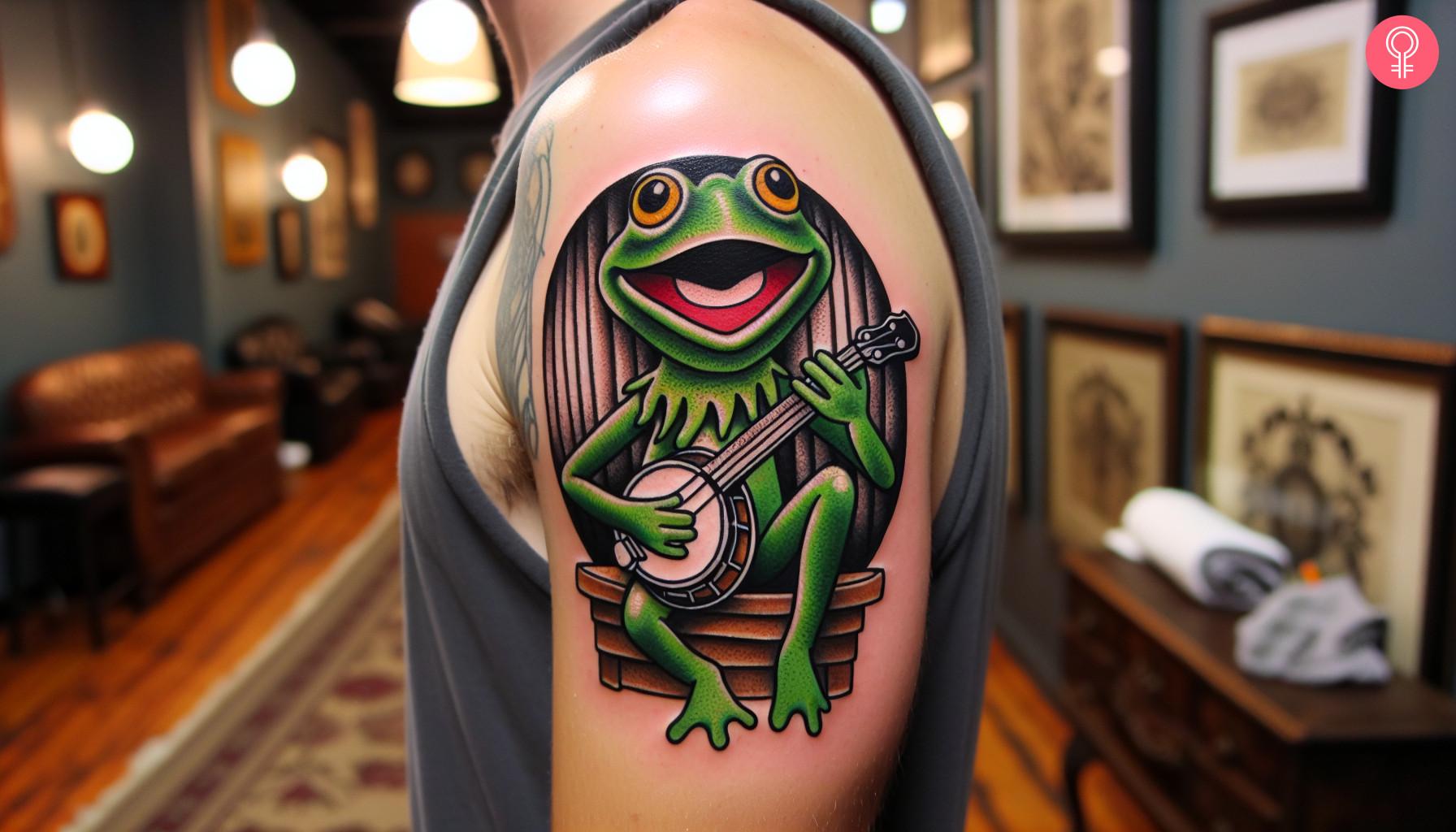 Colorful Frog Playing Banjo Tattoo