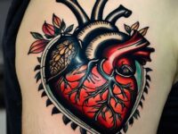 A-man-wearing-a-traditional-anatomical-heart-tattoo-on-the-upper-arm