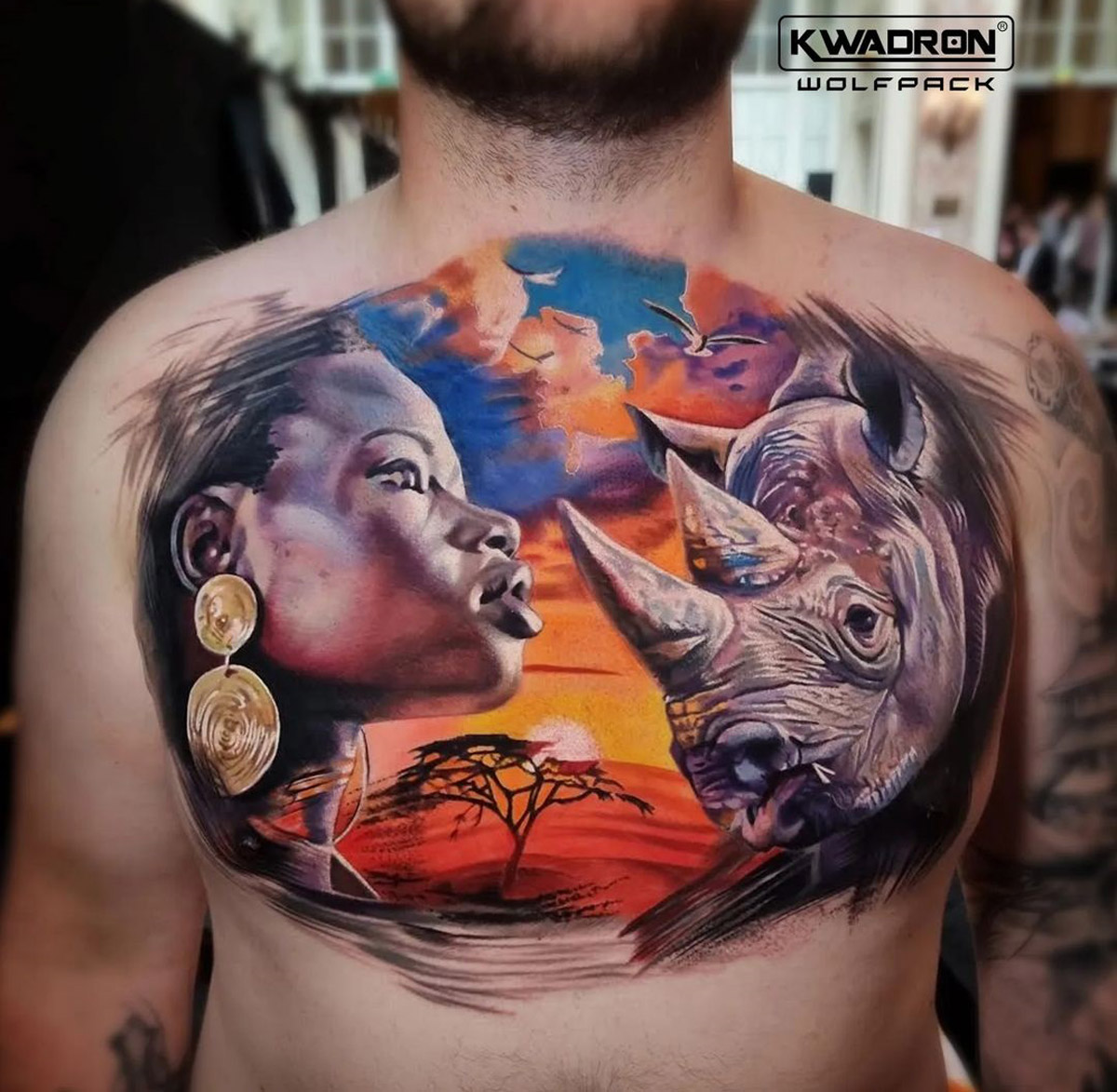 Portrait & Rhino, African Chest Tattoo