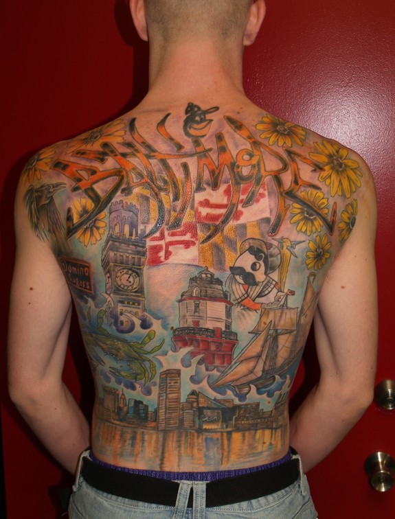Baltimore themed back tattoo