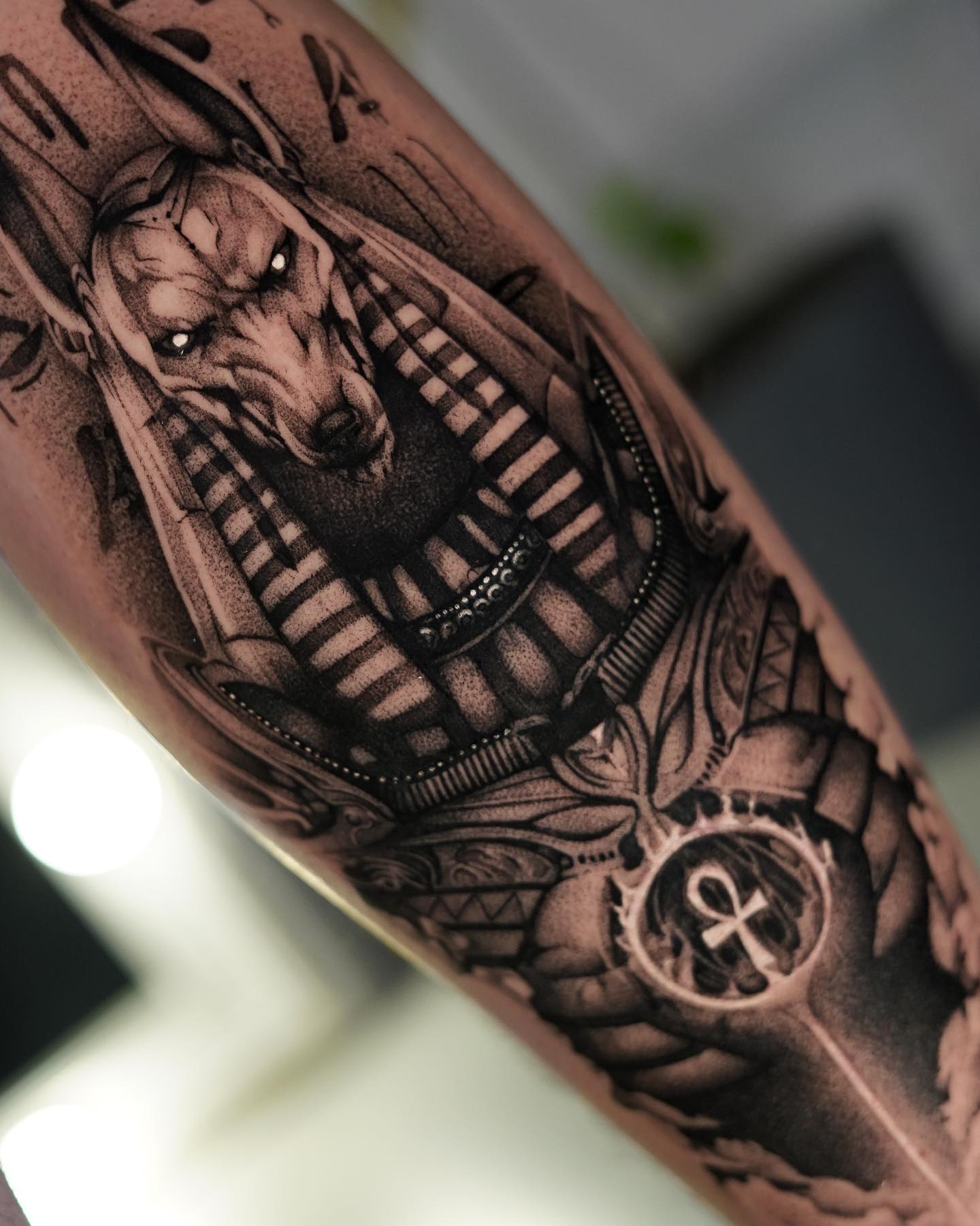 Black Ink Egyptian Anubis Tattoo