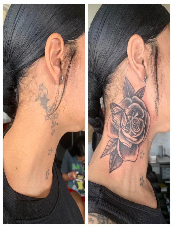 Butterfly and Rose Cover-Up Tattoo