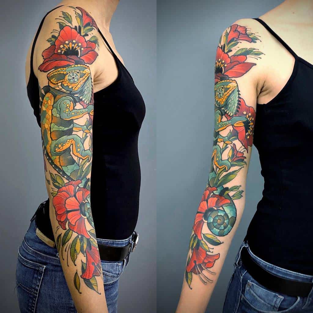 Colorful Floral 3/4 Sleeve Tattoo