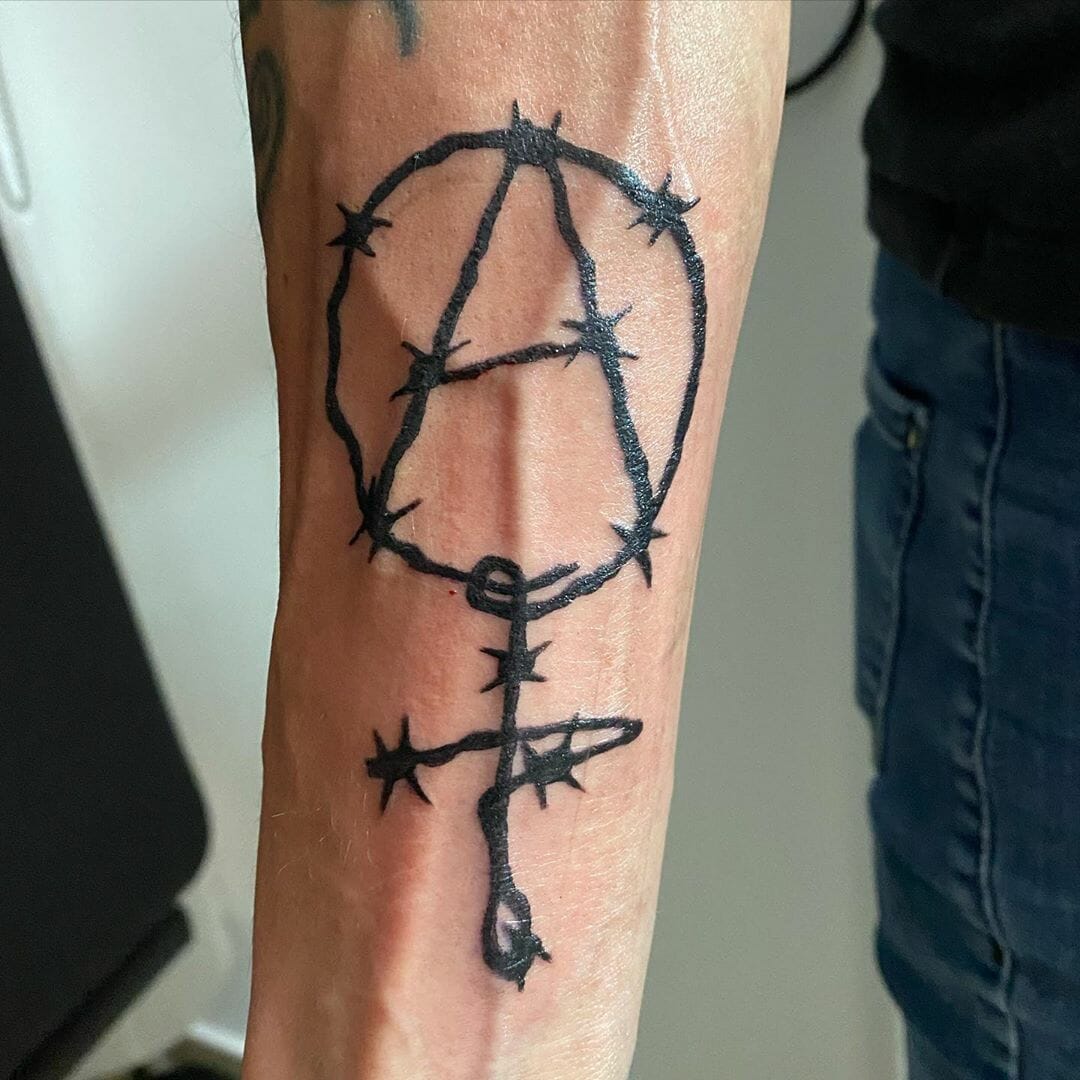Masculine black bar wire anarchy symbol tattoo