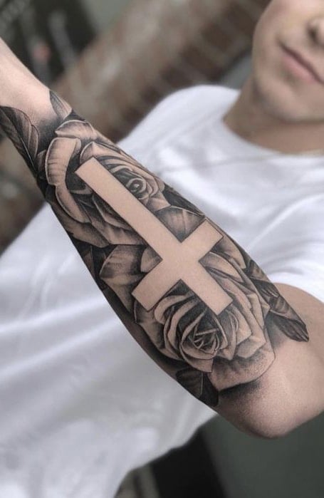 Classic Rose Cross Tattoo