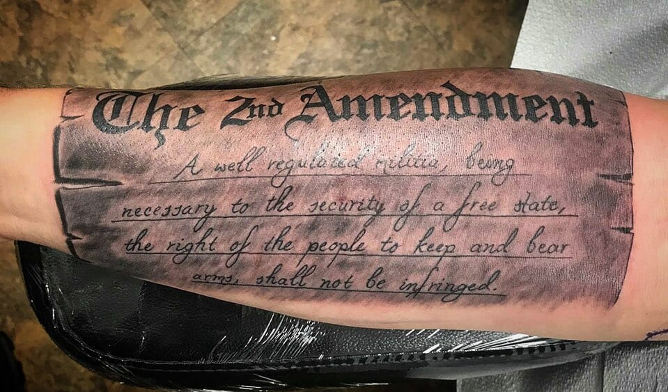 Forearm Tattoo with 2nd Amendment Text
