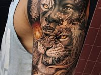 Stylized African warrior tattoo with traditional motifs