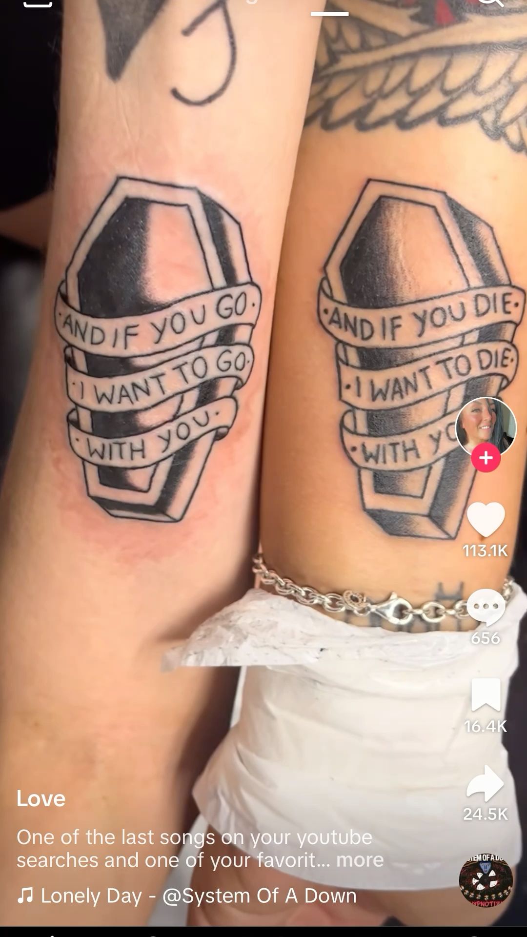A tattoo that reads, 'And if you go, I wanna go with you. And if you die, I wanna die'.