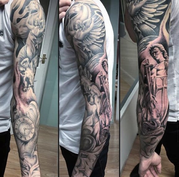 Mythical creatures sleeve tattoo including dragons and phoenixes