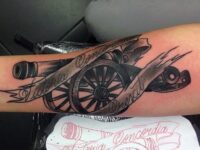 cannon-tattoo-ideas-for-males-on-inner-forearm-with-banner-design