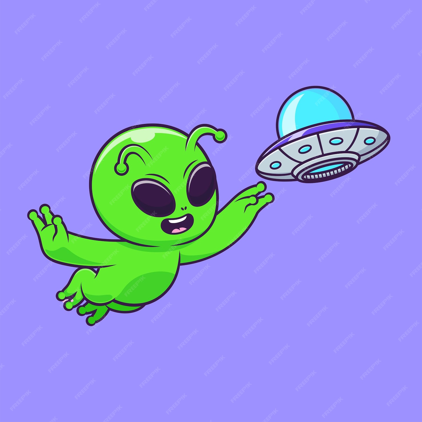 Cute Alien Catching UFO Cartoon Vector