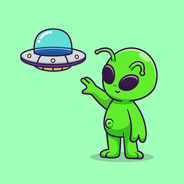 Cute Alien Catching UFO Spaceship Cartoon Vector