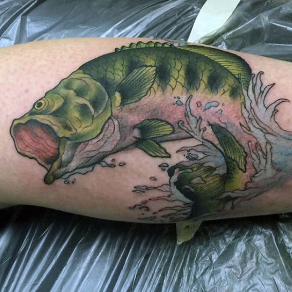 Detailed bass in water men's fishing tattoo.