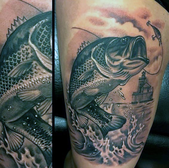 Detailed black and white bass fish tattoo on man.