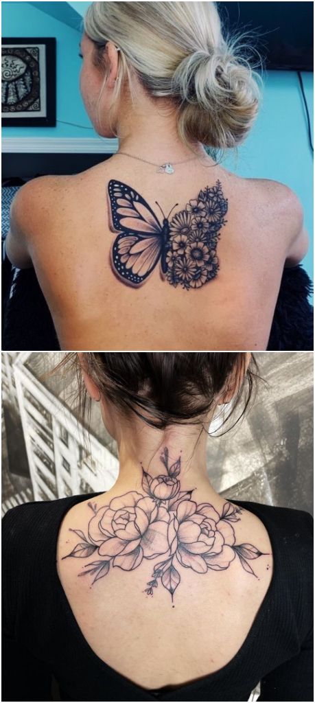 Butterfly and flower tattoo on a woman's neck