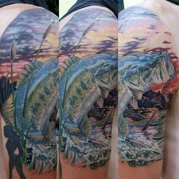 Intricate Sunset Bass Fishing Tattoo