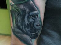 man-with-realistic-shaded-ape-animal-lower-arm-tattoo