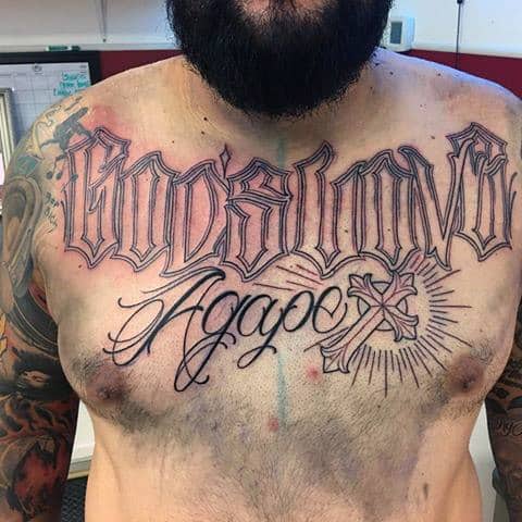Ornate Script Lettering Agape Cross Tattoo