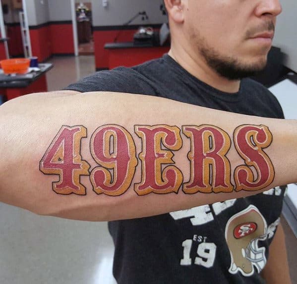 Red and Gold 49ers Lettering Tattoo