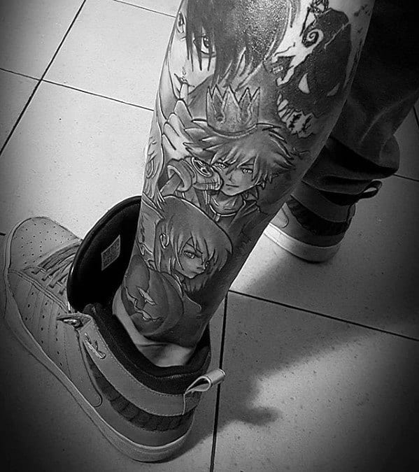 Shaded Leg Sleeve Anime Tattoo