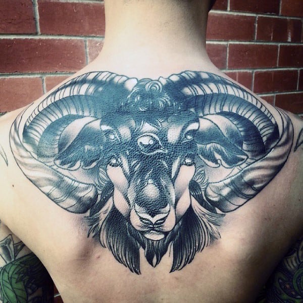 Upper-back shaded Aries men's abstract ram tattoo design