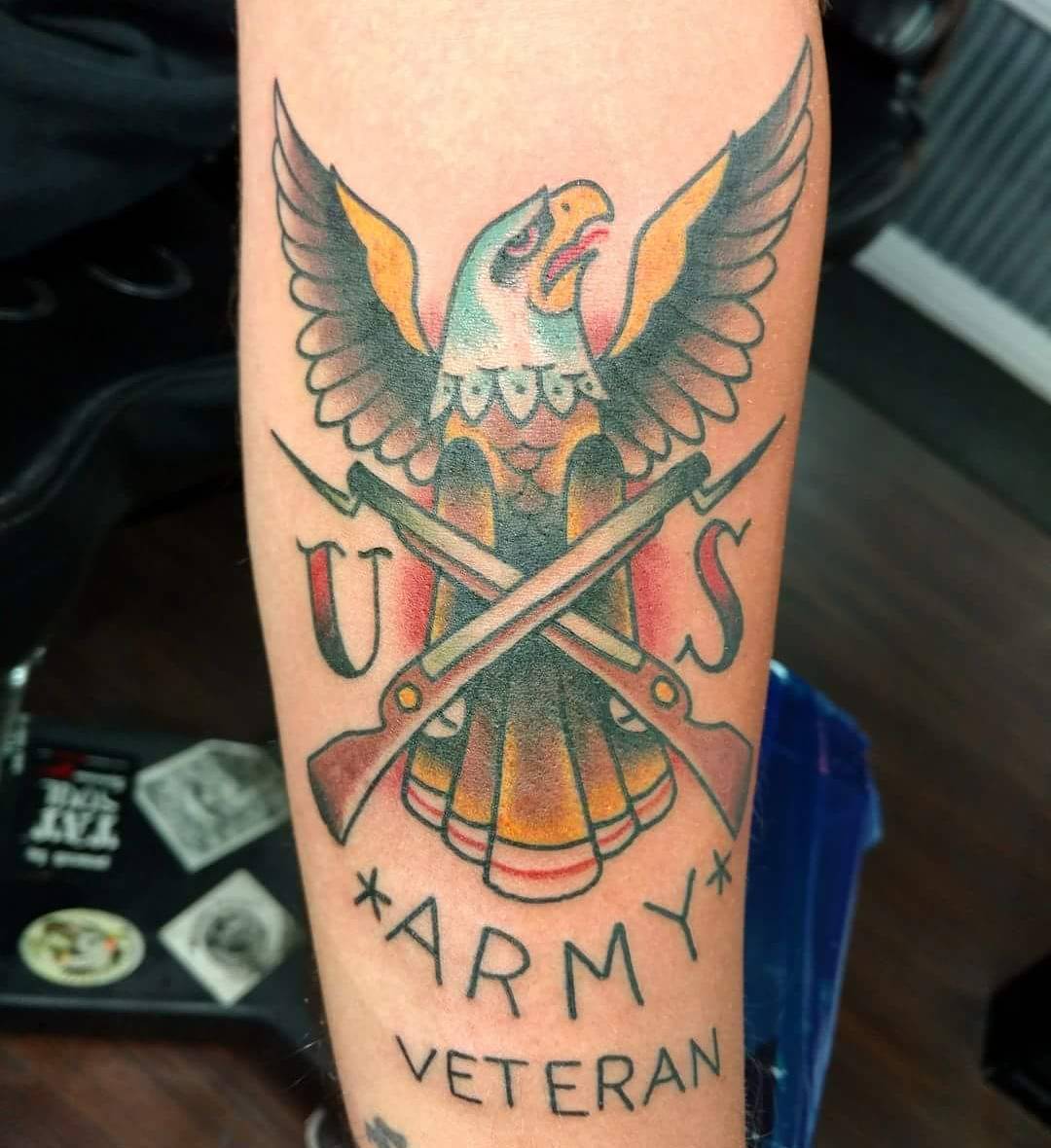 Forearm tattoo of an army veteran