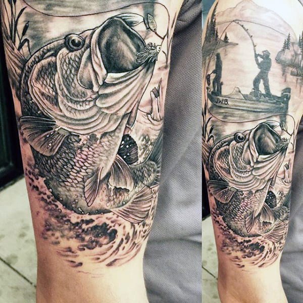 Black and White Linework Bass Tattoo